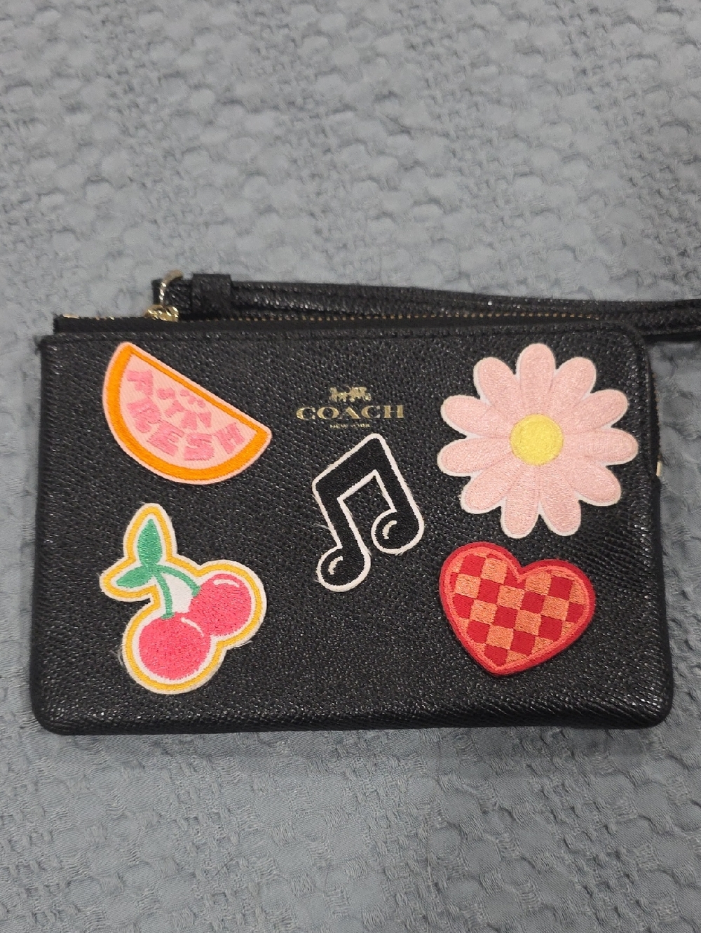 Coach Black Leather Patch Appliqué Zip Wristlet with Pink Daisy & Cherry Accents